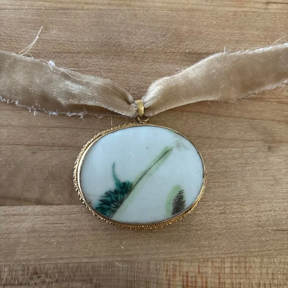 Ceramic Cameo pendant with Green Floral Design on Choker Ribbon Handmade Dainty